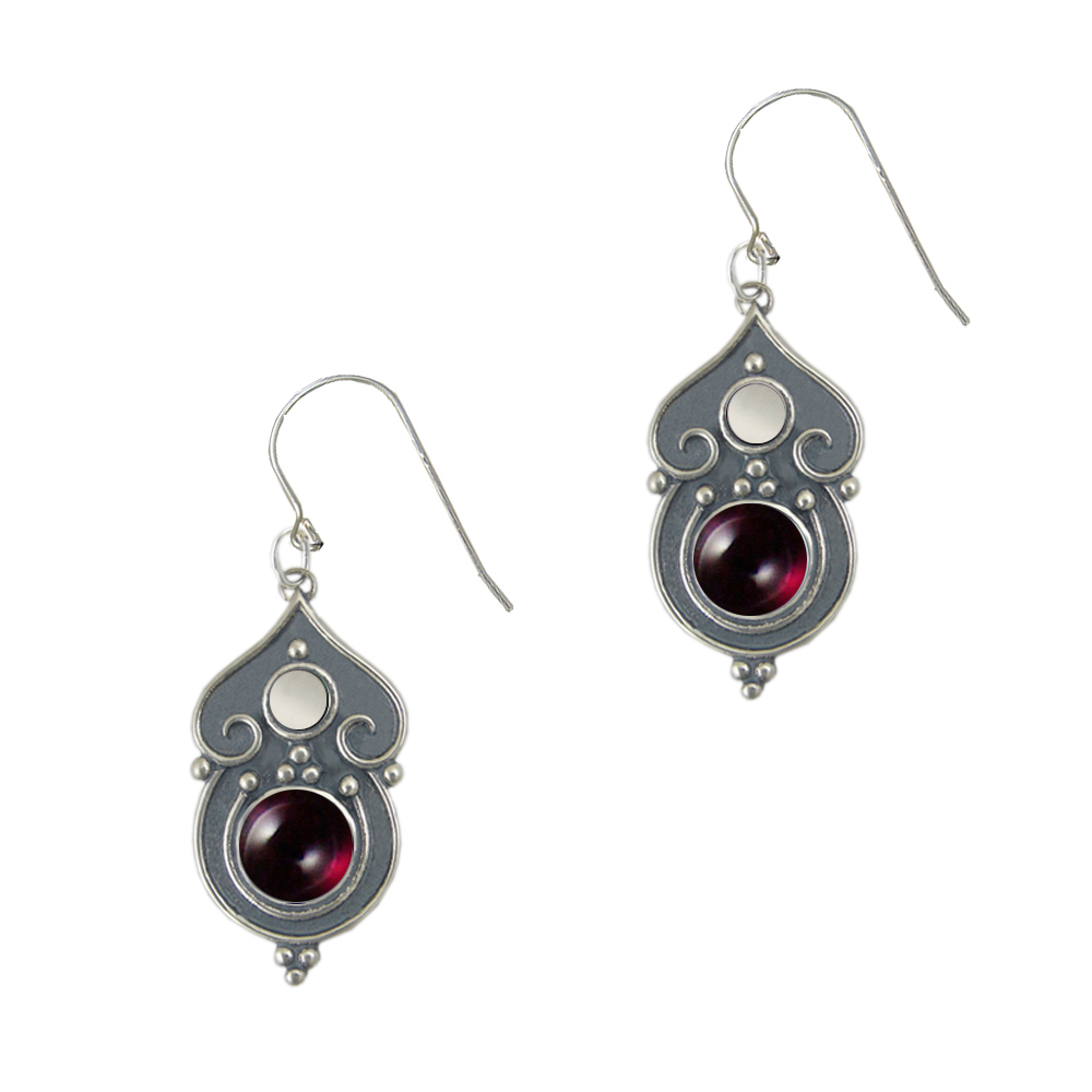 Sterling Silver Gothic Inspired Drop Dangle Earrings With Garnet And White Moonstone